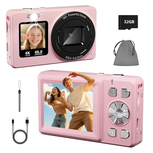 BILEBAK Digital Camera, 4K 48MP Autofocus Dual Screen for Selfies, 18X Zoom Fill Light, Portable Point and Shoot Travel Camera with 32GB SD Card for Kids, Teens, Girls, Boys- Pink - Image 1