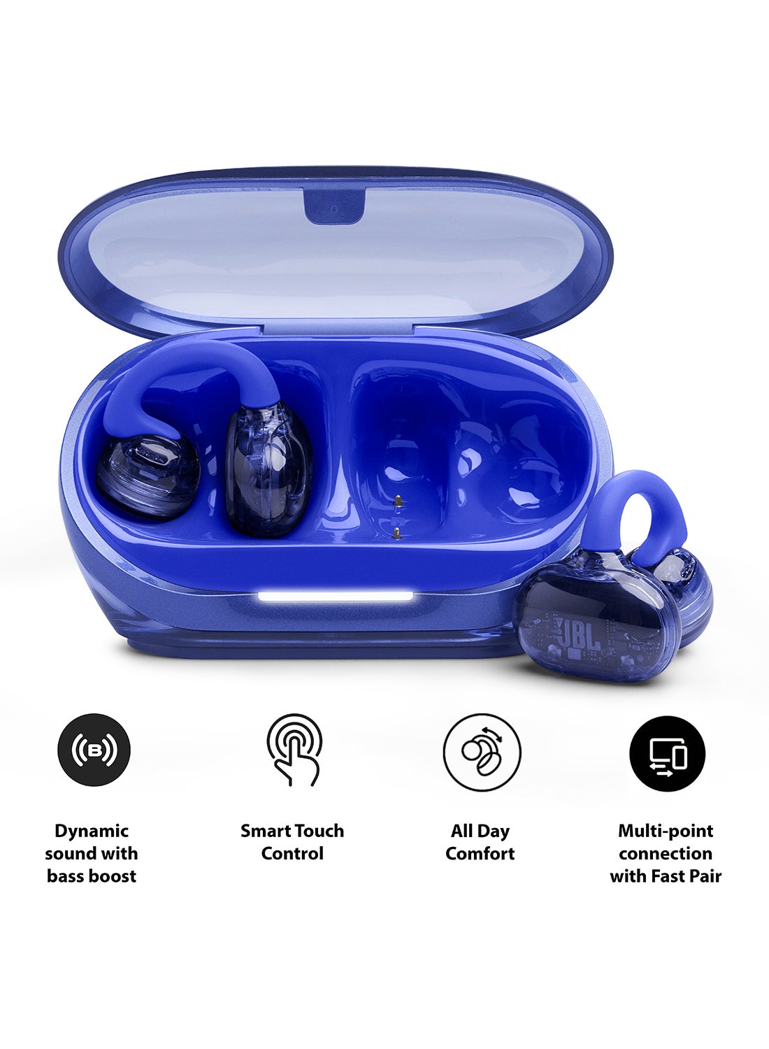 JBL Soundgear Clips True Wireless Open-Ear Headphones, SonicArc Design, Up to 32 Hours Total Playtime, 4 Beamforming Mics, IP54 Water & Dust-Resistant, JBL OpenSound Technology, Ghost Blue Ghost Blue