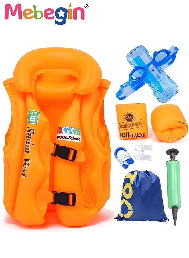 MEBEGIN 6Pcs Kids Swim Vest Set with Inflator Swimming Goggles, Sleeves, Swimming Bag, Nose Clip and Earplugs, Floatation Vest with Adjustable Buckles, Buoyancy Swimming Aid Float Jacket for Learning Swiming, Perfect for Pool, Swim Lesson, Beach and Water Party - Image 1