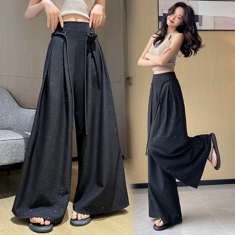 Western-style Drooping Pear-shaped Body-shaped Flesh-covered Slimming Suit Wide-leg Pants Womens Spring and Summer High Waist Lace-up Big Leg Pants Black - Image 1