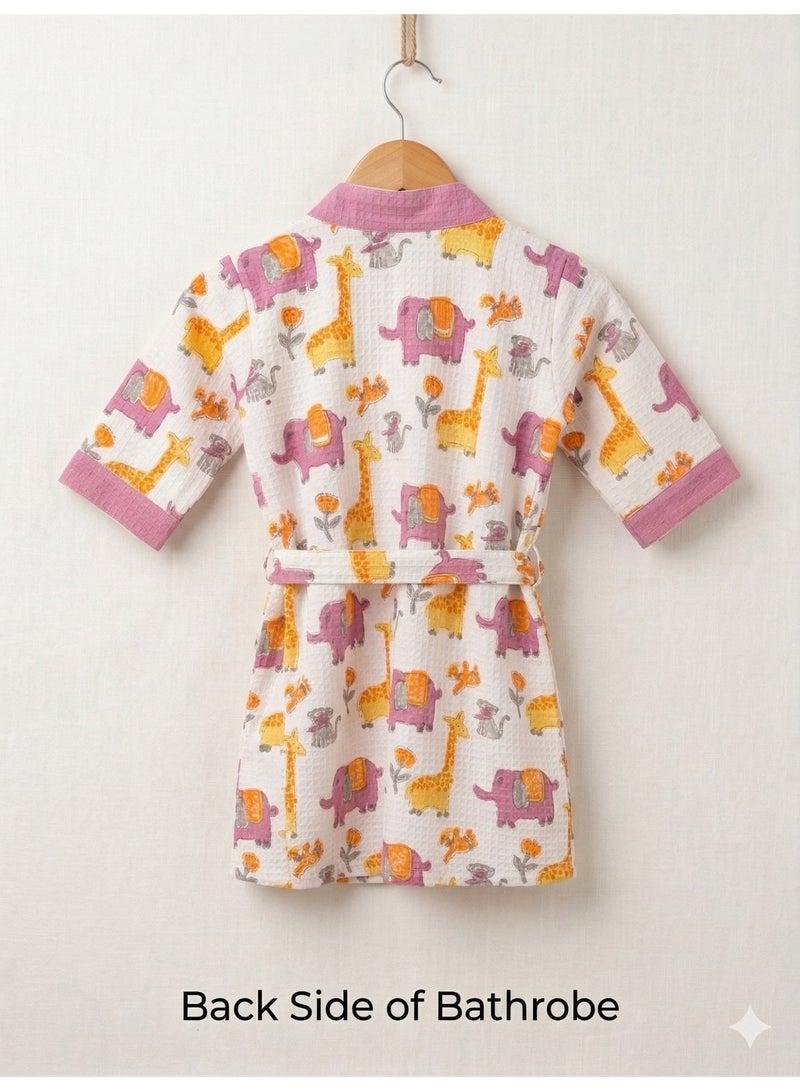 LITTLE CHIKU Kids 100% Cotton Waffle Bathrobe - Giraffe & Elephant Print - Purple/Yellow - Image 5
