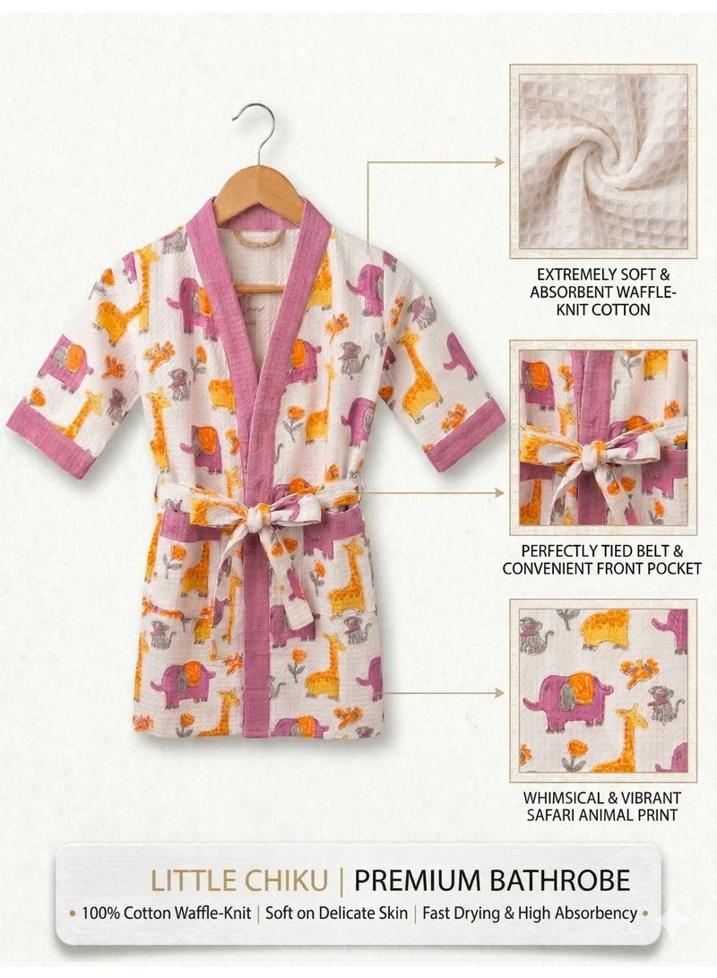 LITTLE CHIKU Kids 100% Cotton Waffle Bathrobe - Giraffe & Elephant Print - Purple/Yellow - Image 3