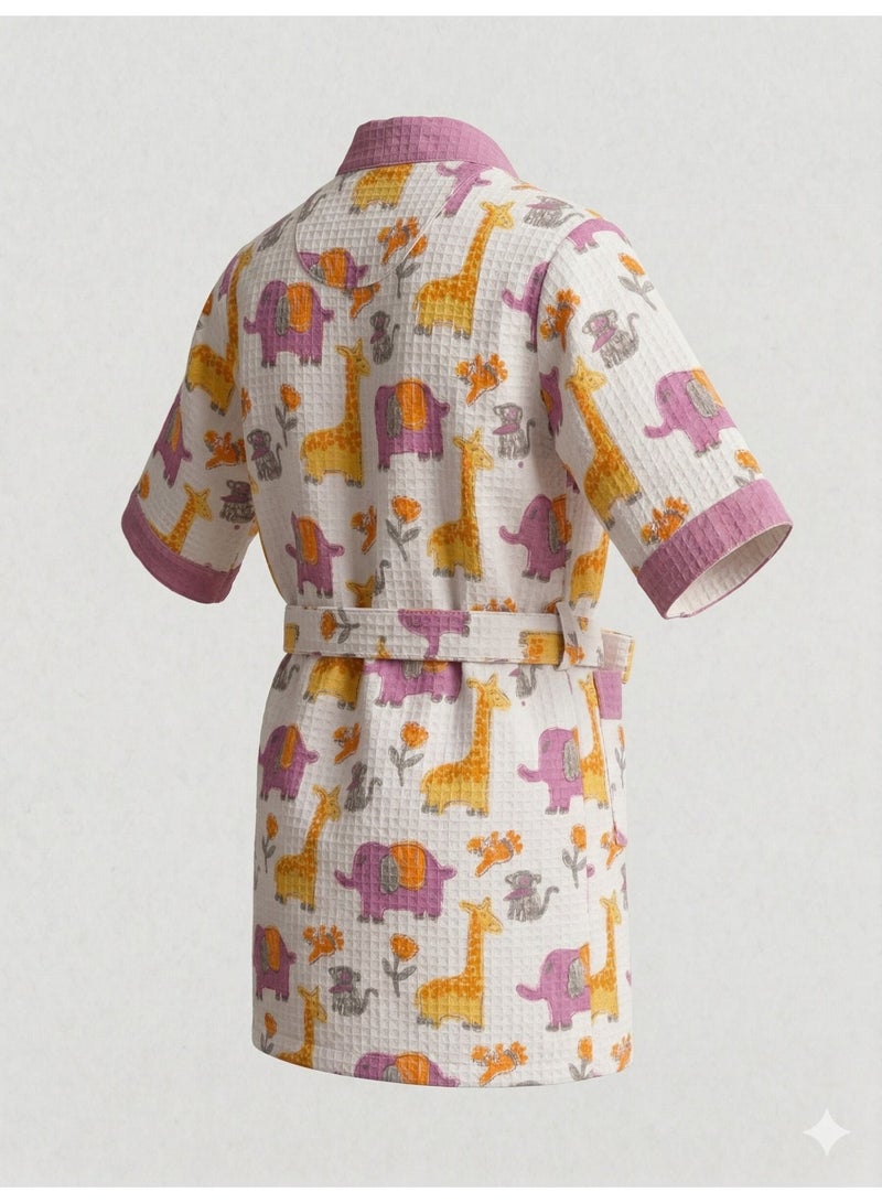 LITTLE CHIKU Kids 100% Cotton Waffle Bathrobe - Giraffe & Elephant Print - Purple/Yellow - Image 4