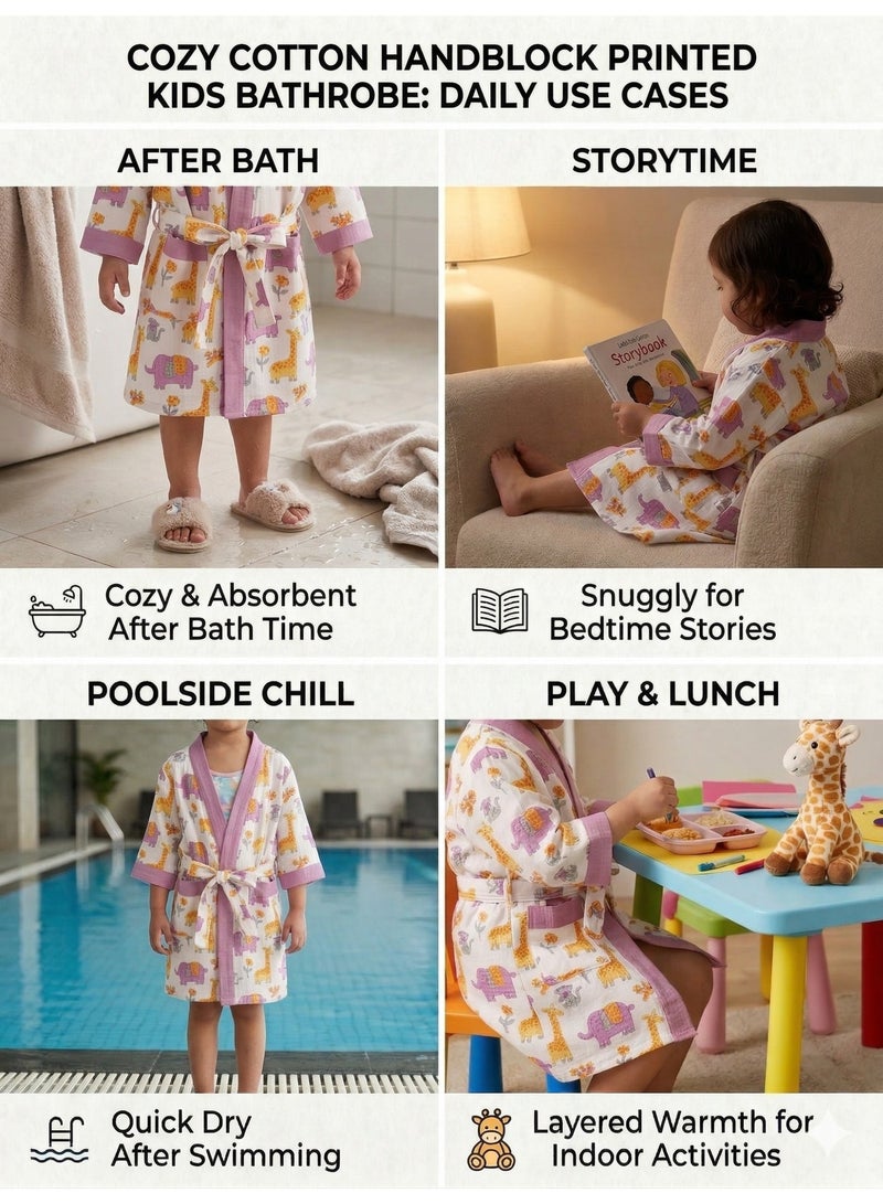 LITTLE CHIKU Kids 100% Cotton Waffle Bathrobe - Giraffe & Elephant Print - Purple/Yellow - Image 2