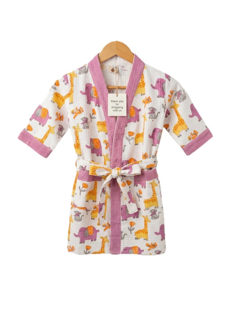 LITTLE CHIKU Kids 100% Cotton Waffle Bathrobe - Giraffe & Elephant Print - Purple/Yellow - Image 1