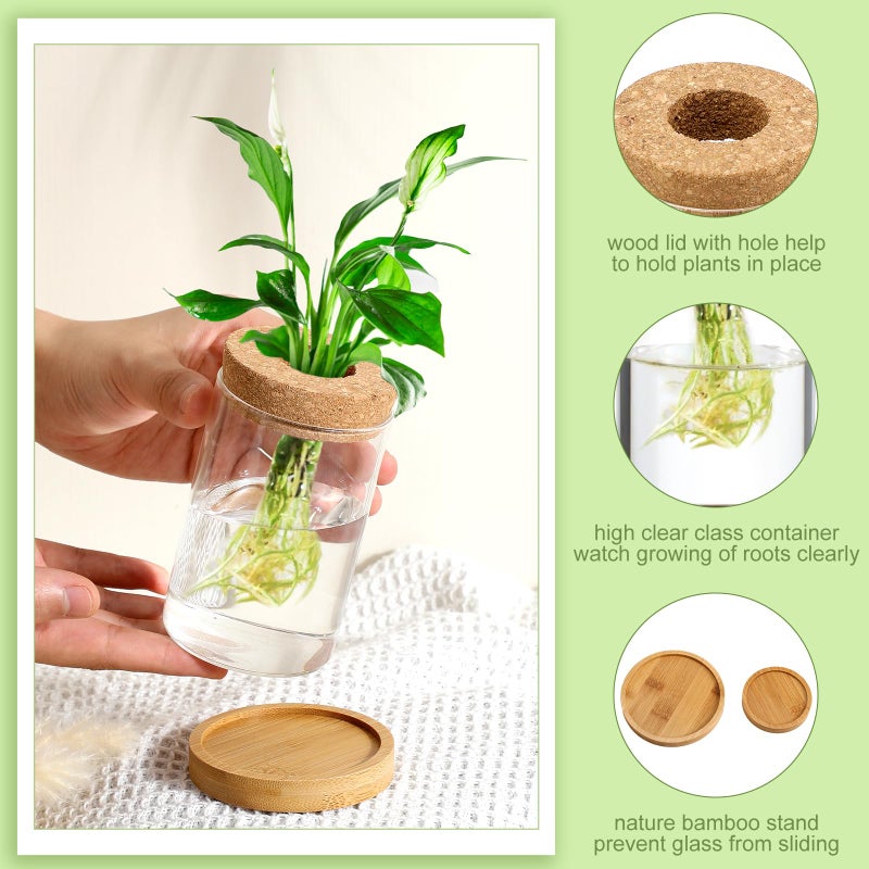Layhit 4 Pcs Plants Propagation Stations vases Glass Planters with Wooden Lid and Bamboo Stand for Hydroponic Plants Gardening Gifts for Women Mom Home Office Tabletop Decoration(Classic Style) - Image 3