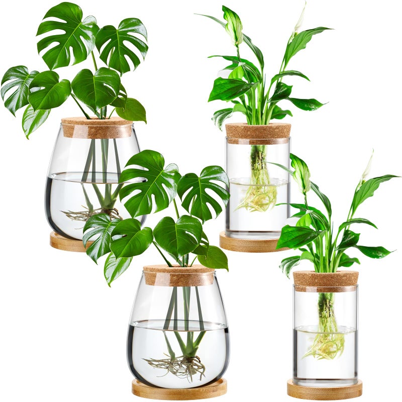 Layhit 4 Pcs Plants Propagation Stations vases Glass Planters with Wooden Lid and Bamboo Stand for Hydroponic Plants Gardening Gifts for Women Mom Home Office Tabletop Decoration(Classic Style) - Image 1