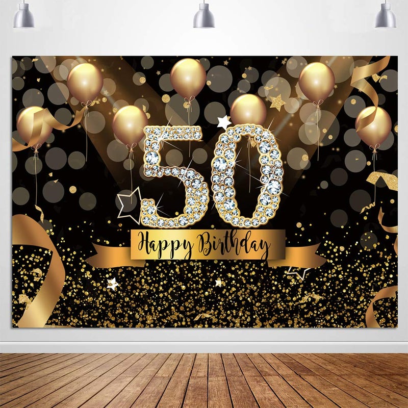 Sensfun 7x5ft Happy 50th Birthday Party Photography Backdrop Glitter Black and Gold Balloons Background for Woman Fabulous 50 Bday Party Decorations Shining Diamond Fifty Years Old Photo Booth Banner - Image 4