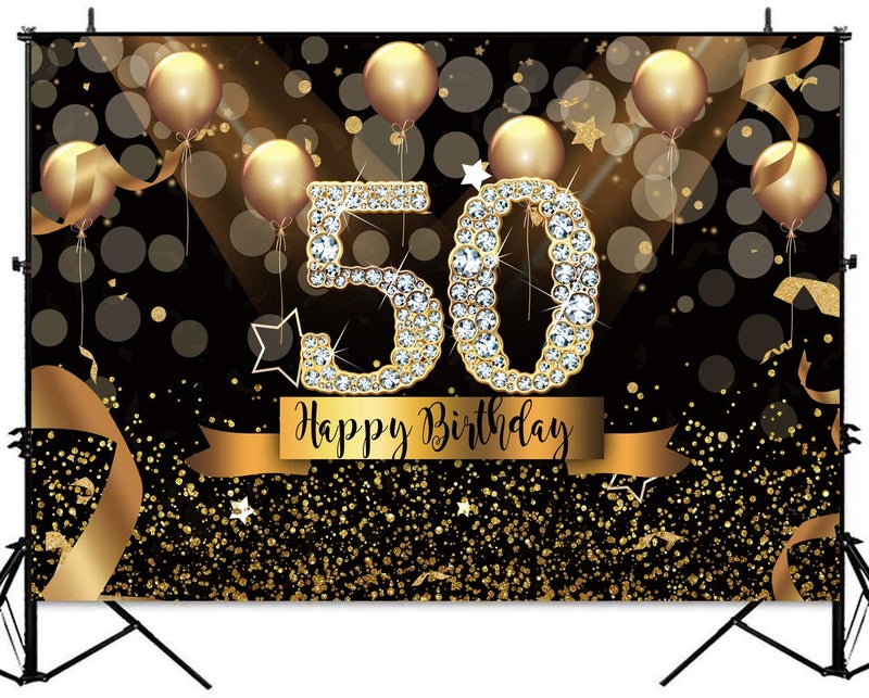 Sensfun 7x5ft Happy 50th Birthday Party Photography Backdrop Glitter Black and Gold Balloons Background for Woman Fabulous 50 Bday Party Decorations Shining Diamond Fifty Years Old Photo Booth Banner - Image 2
