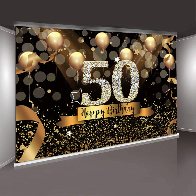 Sensfun 7x5ft Happy 50th Birthday Party Photography Backdrop Glitter Black and Gold Balloons Background for Woman Fabulous 50 Bday Party Decorations Shining Diamond Fifty Years Old Photo Booth Banner - Image 3
