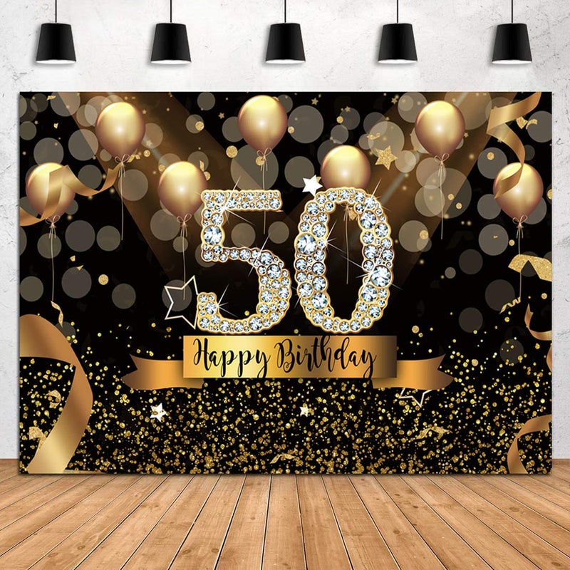 Sensfun 7x5ft Happy 50th Birthday Party Photography Backdrop Glitter Black and Gold Balloons Background for Woman Fabulous 50 Bday Party Decorations Shining Diamond Fifty Years Old Photo Booth Banner - Image 1