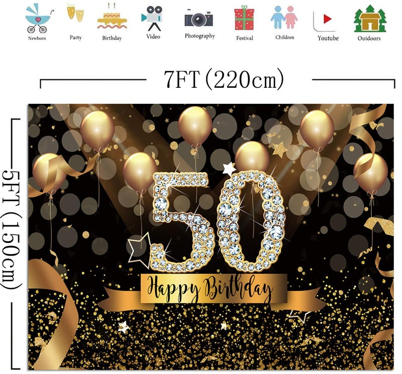 Sensfun 7x5ft Happy 50th Birthday Party Photography Backdrop Glitter Black and Gold Balloons Background for Woman Fabulous 50 Bday Party Decorations Shining Diamond Fifty Years Old Photo Booth Banner - Image 5