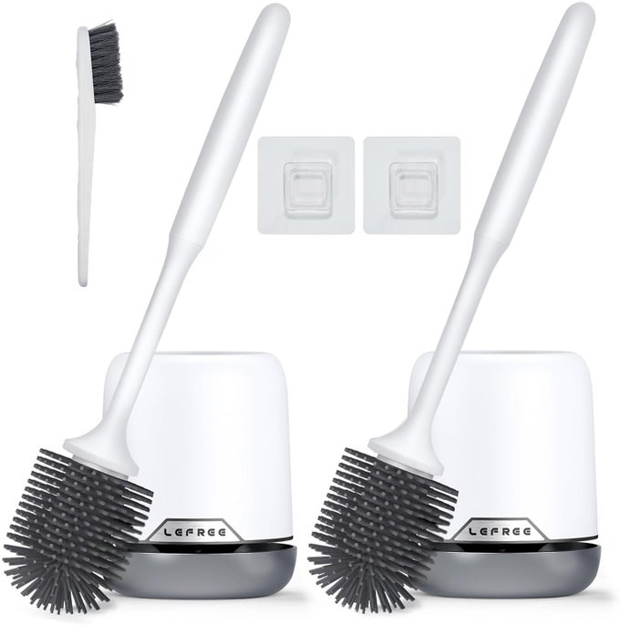 2 PACK SILICONE TOILET BRUSH SET WITH VENTILATED HOLDER FLOOR STANDING WALL MOUNTED TOILET SCRUBBER