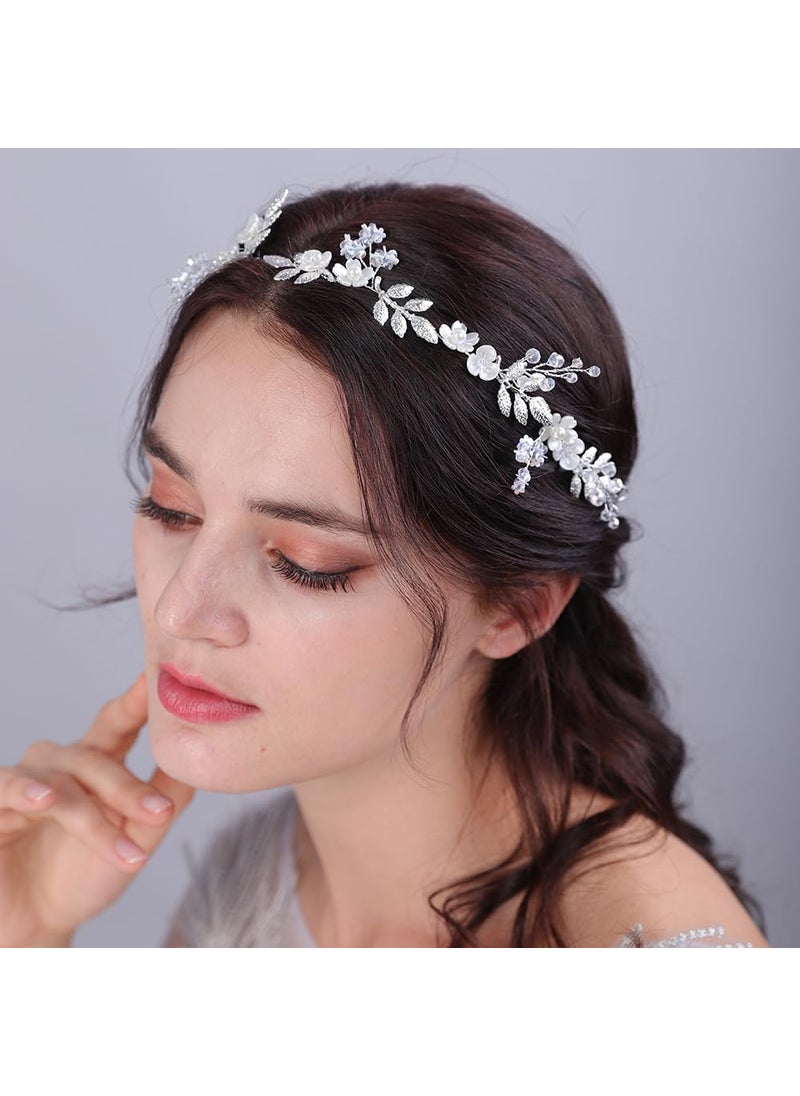 Aimimier - Aimimier Boho Bridal Flower Leaf Headband Crystal Pearl Hair Vine Handmade Wedding Bridesmaid Headpiece Party Festival Hair Accessories for Women and GirlsSilver - Image 1