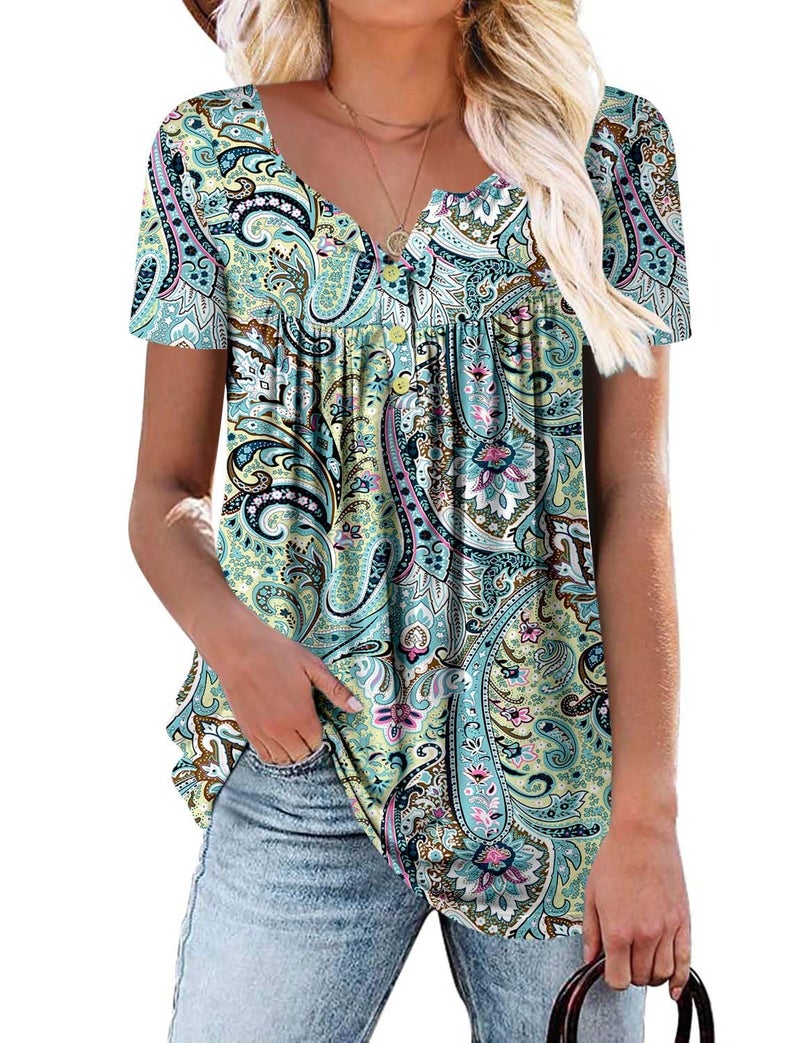ROSELINLIN Short Sleeve Shirts for Women Paisley V Neck Blouse Ladies Tunic Tops L - Image 1