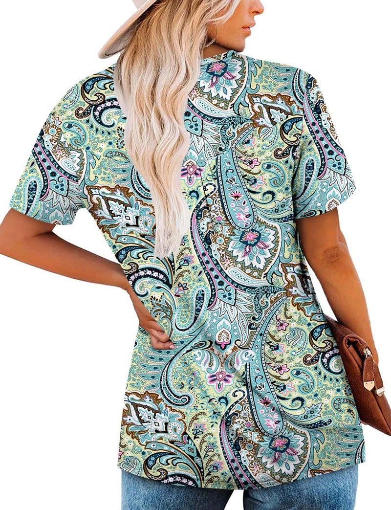 ROSELINLIN Short Sleeve Shirts for Women Paisley V Neck Blouse Ladies Tunic Tops L - Image 4