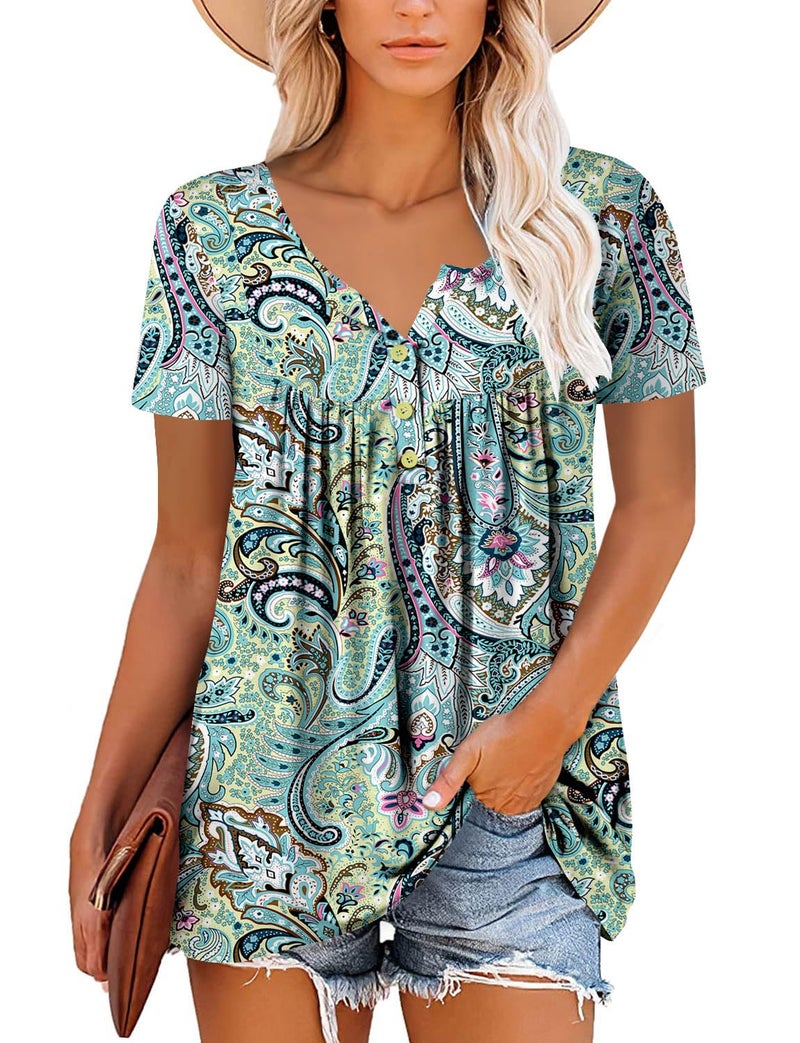 ROSELINLIN Short Sleeve Shirts for Women Paisley V Neck Blouse Ladies Tunic Tops L - Image 2