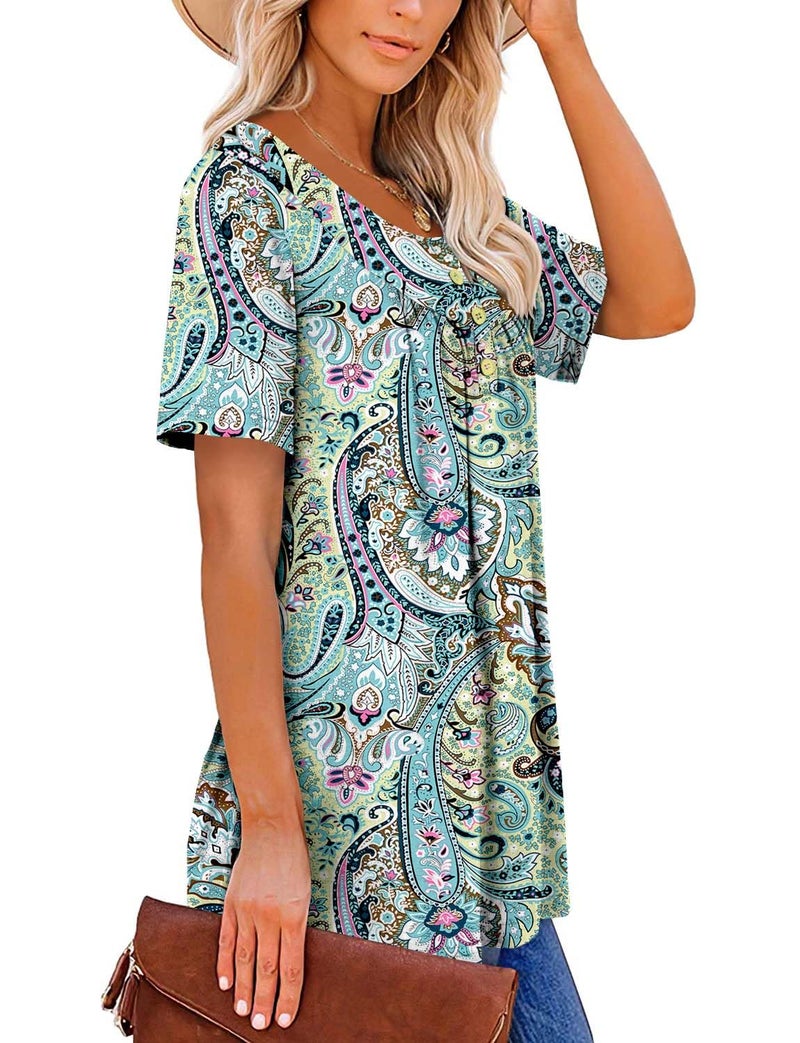 ROSELINLIN Short Sleeve Shirts for Women Paisley V Neck Blouse Ladies Tunic Tops L - Image 3