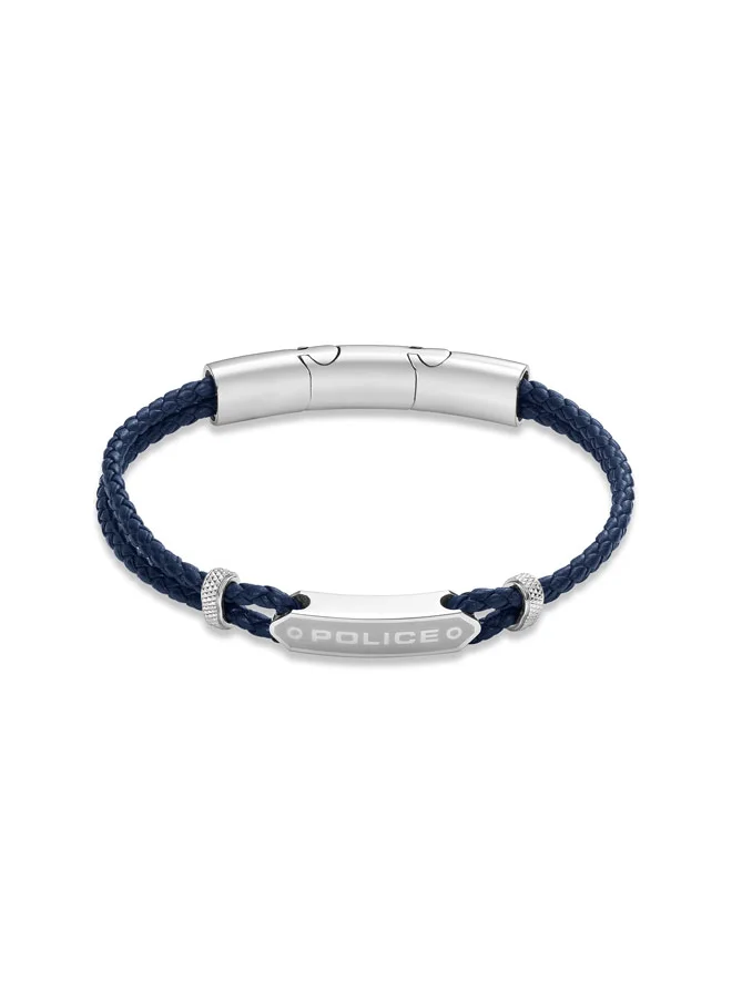 بوليس POLICE Twincord Bracelet - Double Row Navy Leather with Stainless Steel Rings & Central Screwed Plaque - Rugged & Sophisticated Men's Style