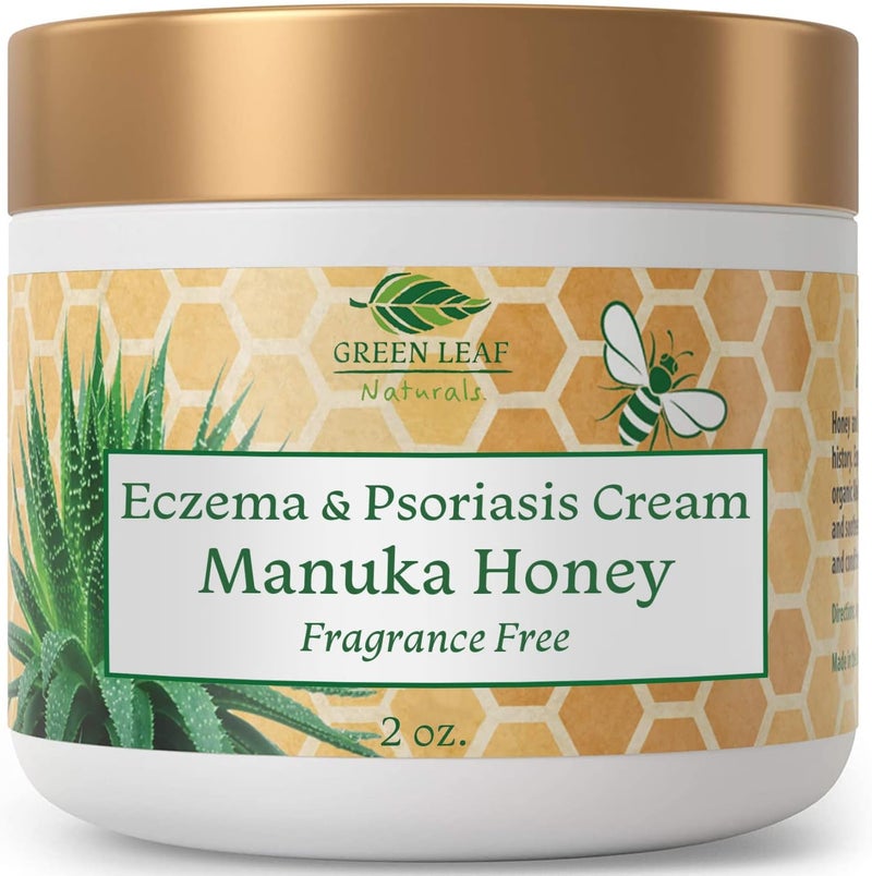 Green Leaf Naturals Manuka Honey Eczema Cream Moisturizing Lotion Fragrance Free For Psoriasis Relief - Itchy, Dry Skin Rash Ointment - Skin Soothing Moisturizer - Body & Face Cream - Kids & Adults 2oz