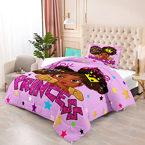 Jiospet Black Girl Comforter Sets Twin -African Girls Comforter for Kids Cute Bedding Sets for Princess Room Decor for Girls Bedroom - Image 3