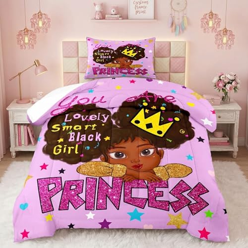 Jiospet Black Girl Comforter Sets Twin -African Girls Comforter for Kids Cute Bedding Sets for Princess Room Decor for Girls Bedroom - Image 1
