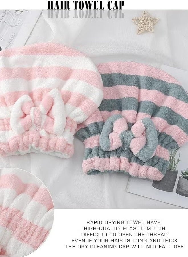 Microfiber Hair Dry Cap Absorbent Quick Drying Cap Soft Hair Drying Towel Stripe Dry Hair Cap Hair Towel Cap with Bow-Knot Shower Cap for Women and Girls 2Pcs, Suitable for Any Occasions - Image 2