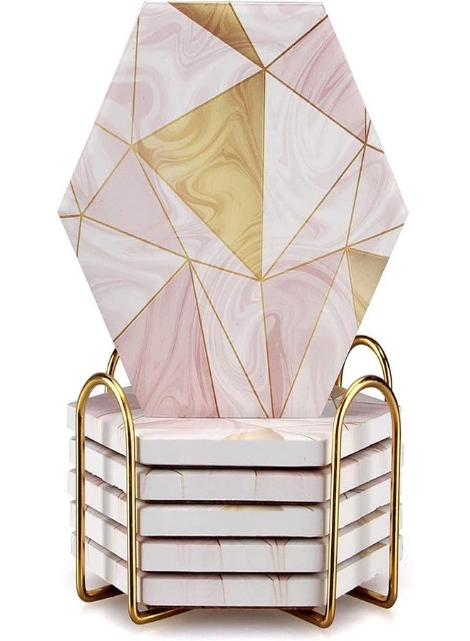 Deceram 6 Pack Pink Marble Coasters with Holder Gold Absorbent Drink Unique Coaster Cute Ceramic Table Coaster Set Funny Kitchen Accessories Decorative Bar Coster Modern Coffee Table Decor Cup Coasters - Image 1