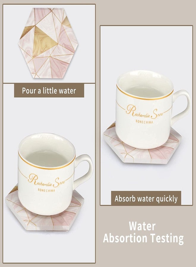 Deceram 6 Pack Pink Marble Coasters with Holder Gold Absorbent Drink Unique Coaster Cute Ceramic Table Coaster Set Funny Kitchen Accessories Decorative Bar Coster Modern Coffee Table Decor Cup Coasters - Image 2