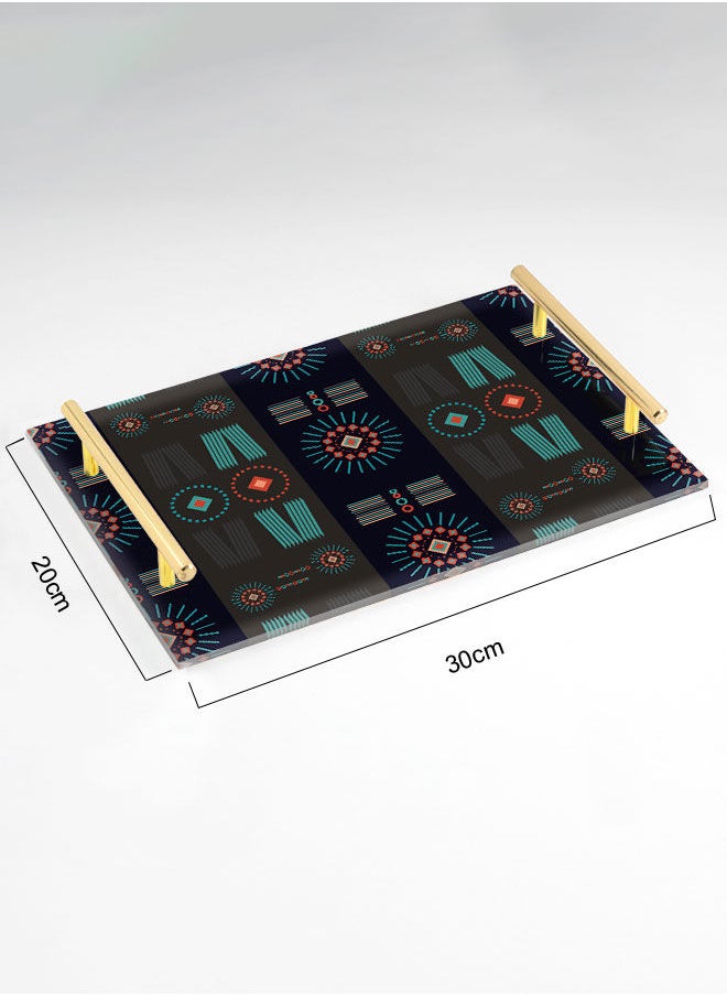 LOWHA Decorative Acrylic Serving Tray with Gold Color Metal Handles Tribal Ethnic Vector 20x30cm  - Image 2