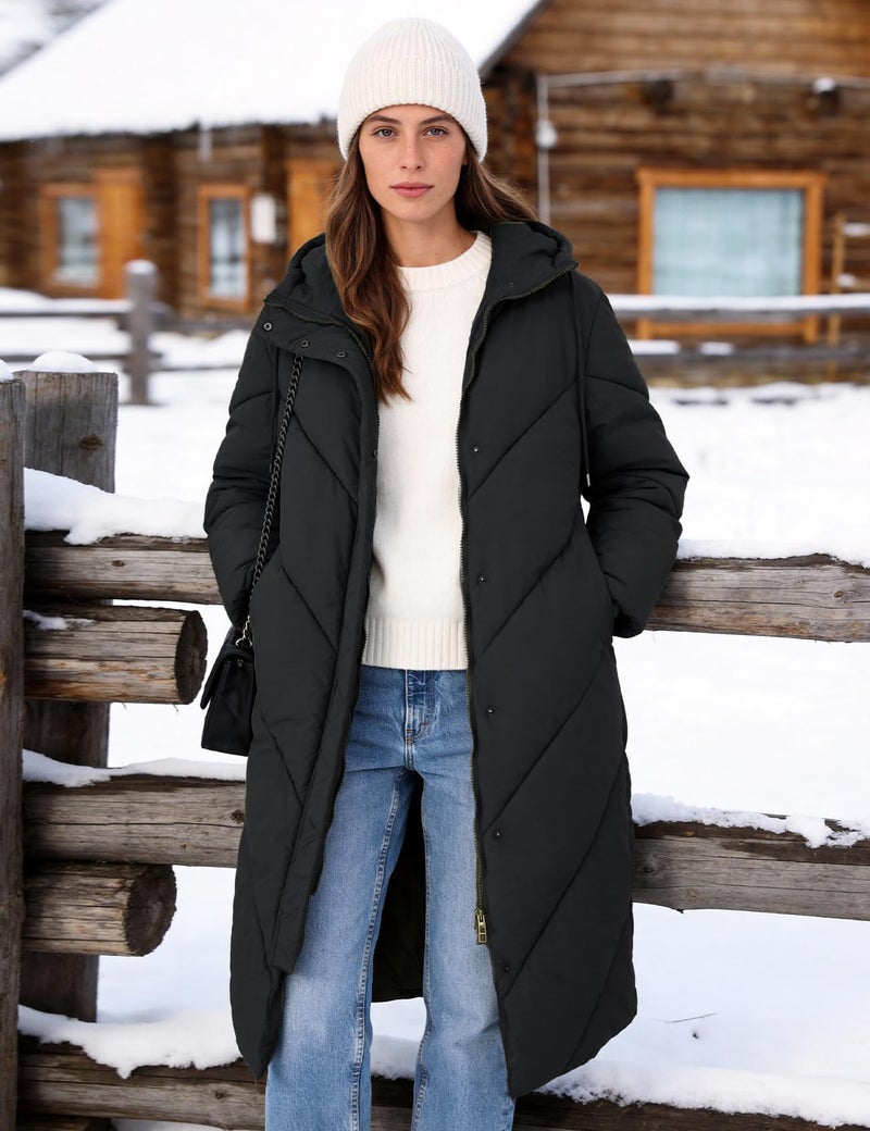Flygo Womens Long Puffer Coat Long Sleeve Padded Winter Down Coats Hooded Parka Jacket(Black-XL) - Image 2