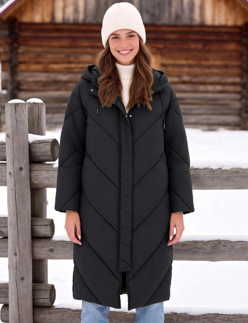 Flygo Womens Long Puffer Coat Long Sleeve Padded Winter Down Coats Hooded Parka Jacket(Black-XL) - Image 3