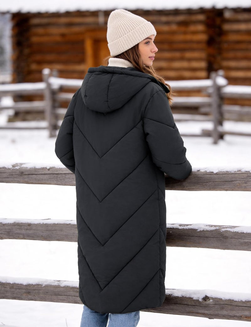 Flygo Womens Long Puffer Coat Long Sleeve Padded Winter Down Coats Hooded Parka Jacket(Black-XL) - Image 5