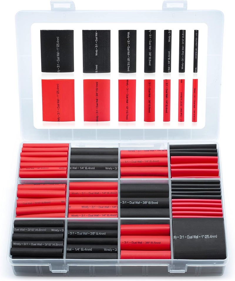 Wirefy 200 PCS Heat Shrink Tubing Kit - Larger Diameter - 3:1 Dual Wall Tube - Adhesive Lined - Marine Shrink Tubing - Black, Red - Image 1