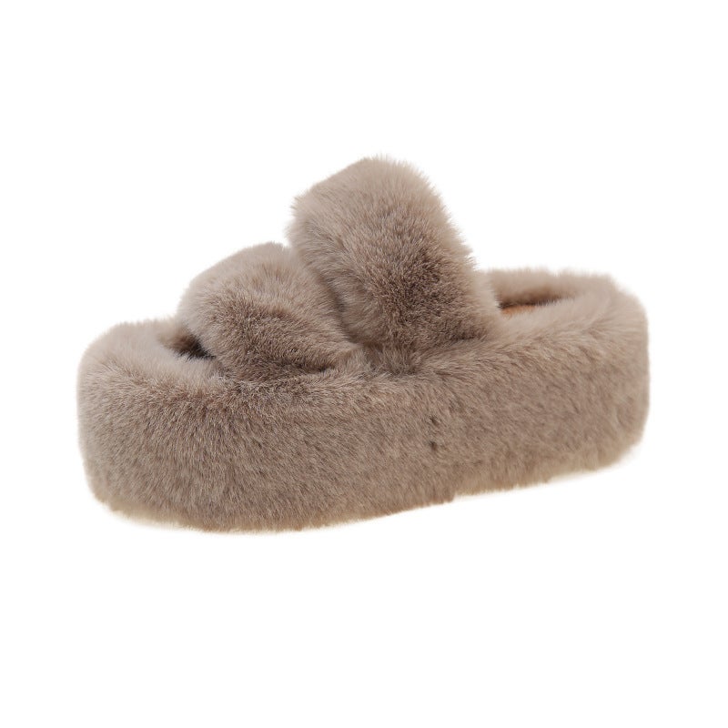 7cm Thick Sole Fluffy Slippers Women Autumn Winter Korean Fashion Cotton Home Slides Milk tea color - Image 1