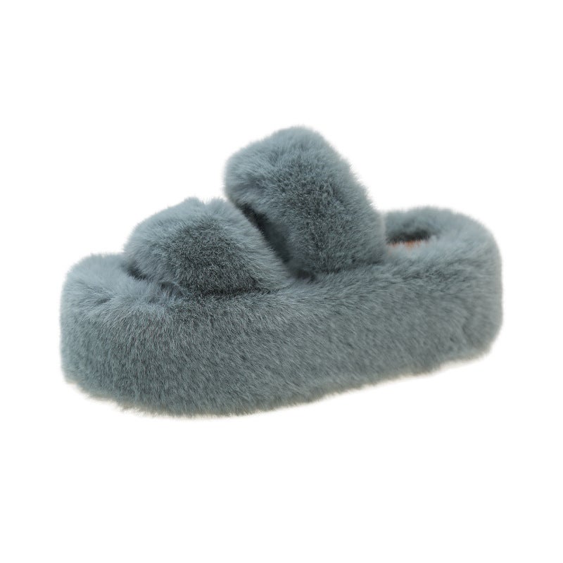 7cm Thick Sole Fluffy Slippers Women Autumn Winter Korean Fashion Cotton Home Slides Milk tea color - Image 2