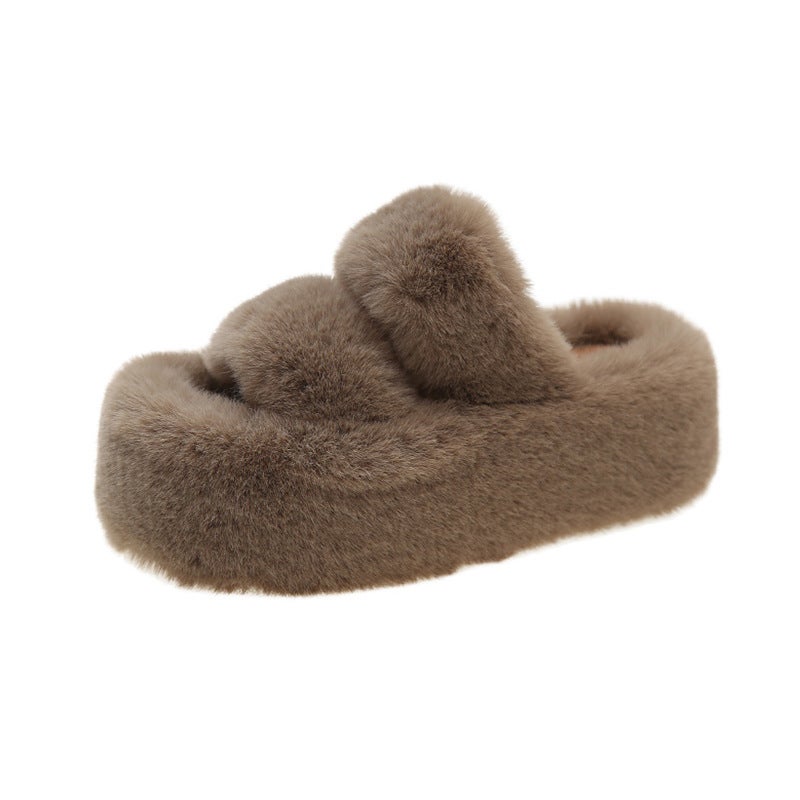 7cm Thick Sole Fluffy Slippers Women Autumn Winter Korean Fashion Cotton Home Slides Milk tea color - Image 3