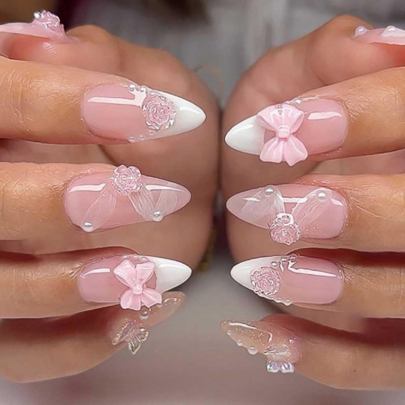 Foccna French Press on Nails Pink Medium, 3D Flower Fake Nails Almond Acrylic False Nails White,Artificial Nails for Women and Girls 24pcs - Image 1