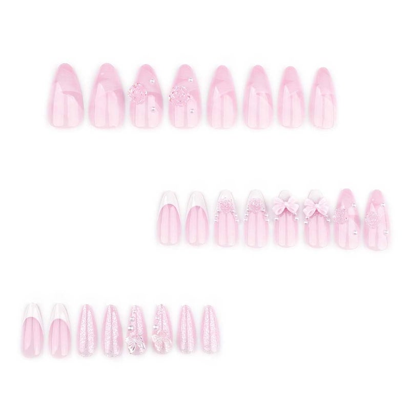 Foccna French Press on Nails Pink Medium, 3D Flower Fake Nails Almond Acrylic False Nails White,Artificial Nails for Women and Girls 24pcs - Image 2