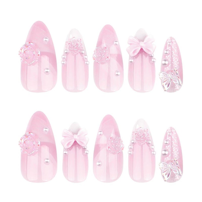 Foccna French Press on Nails Pink Medium, 3D Flower Fake Nails Almond Acrylic False Nails White,Artificial Nails for Women and Girls 24pcs - Image 4