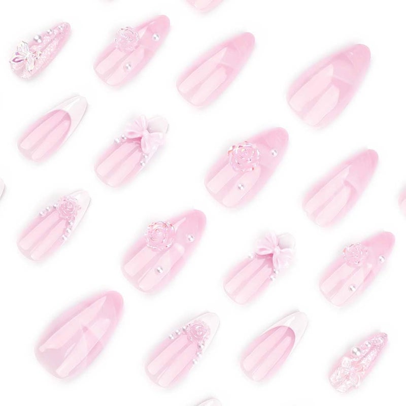 Foccna French Press on Nails Pink Medium, 3D Flower Fake Nails Almond Acrylic False Nails White,Artificial Nails for Women and Girls 24pcs - Image 3