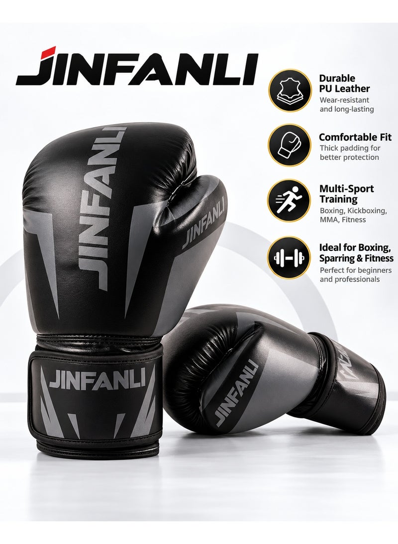 JINFANLI 14 oz Adult Boxing Gloves, PU Leather Training Gloves for Boxing, Kickboxing, Sparring & Fitness Training, Comfortable Protective Sports Gloves, Black - Image 3