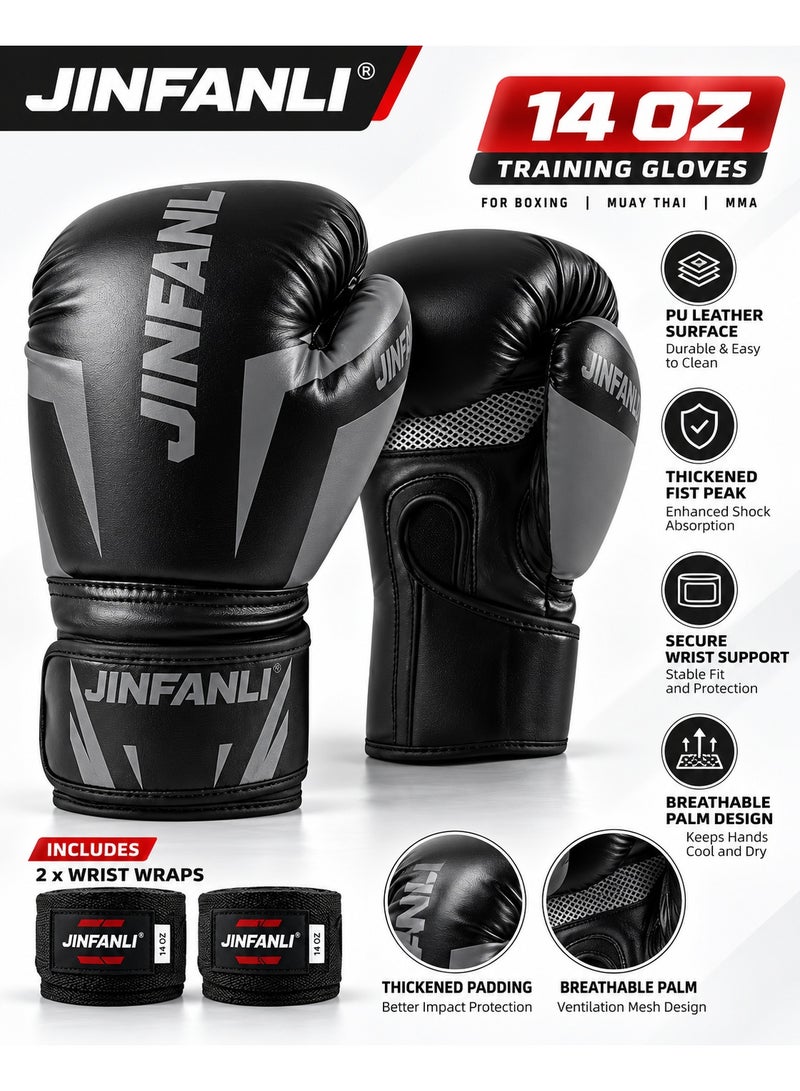 JINFANLI 14 oz Adult Boxing Gloves, PU Leather Training Gloves for Boxing, Kickboxing, Sparring & Fitness Training, Comfortable Protective Sports Gloves, Black - Image 4