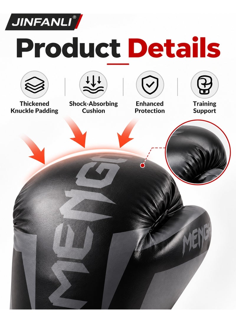 JINFANLI 14 oz Adult Boxing Gloves, PU Leather Training Gloves for Boxing, Kickboxing, Sparring & Fitness Training, Comfortable Protective Sports Gloves, Black - Image 2