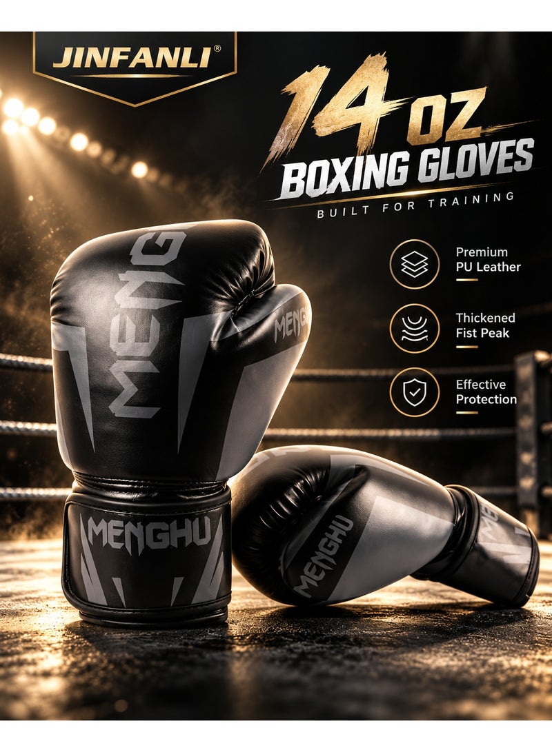 JINFANLI 14 oz Adult Boxing Gloves, PU Leather Training Gloves for Boxing, Kickboxing, Sparring & Fitness Training, Comfortable Protective Sports Gloves, Black - Image 1