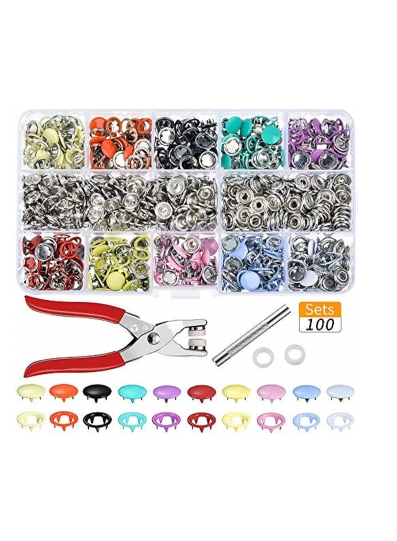 OASIS-TH 100 Sets Metal Snaps Buttons Kit with Fastener Pliers Press Tool Metal Button Snaps Press Studs for DIY Crafts Clothes Hats and Sewing - Image 1