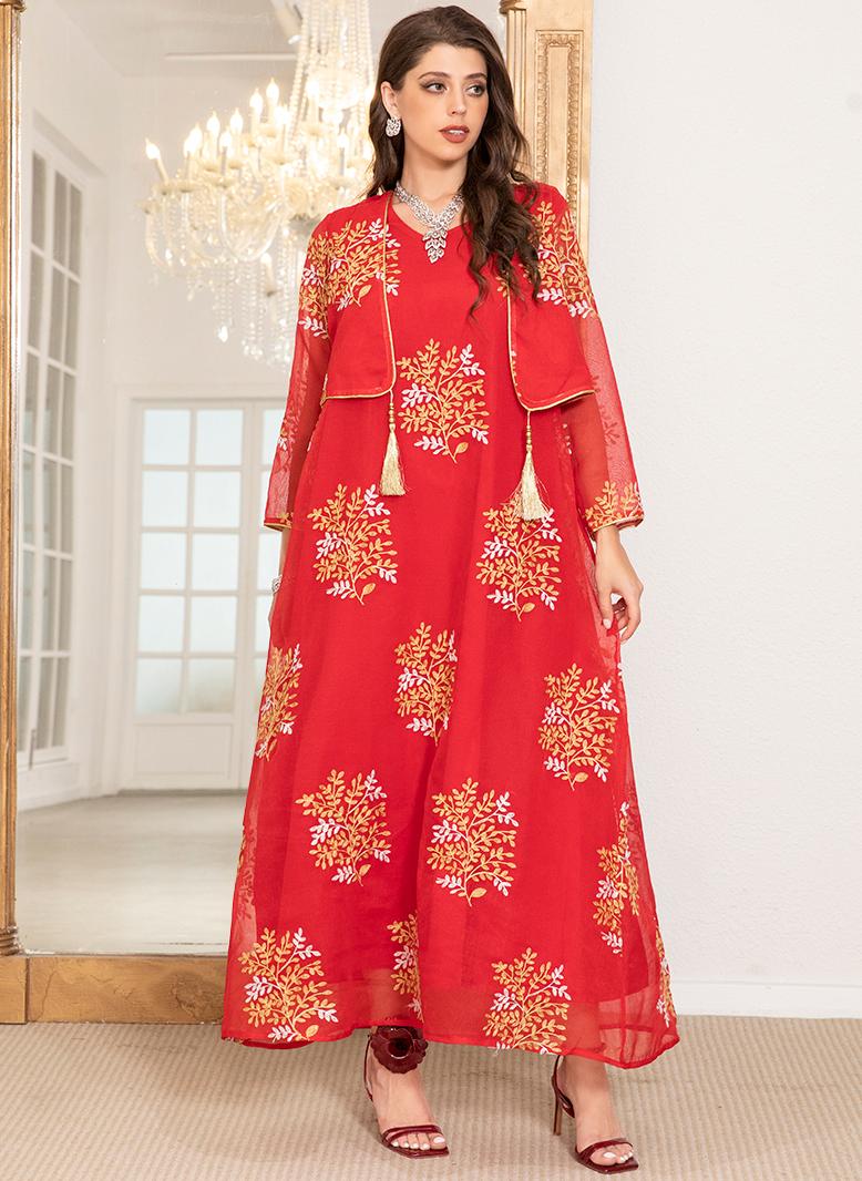 فرايديين انيق طوق على شكل V زهري جاكار تطريز قطعتين في واحد كم منتظم قفطان احمر - Image 1