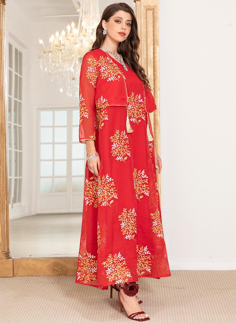 فرايديين انيق طوق على شكل V زهري جاكار تطريز قطعتين في واحد كم منتظم قفطان احمر - Image 3