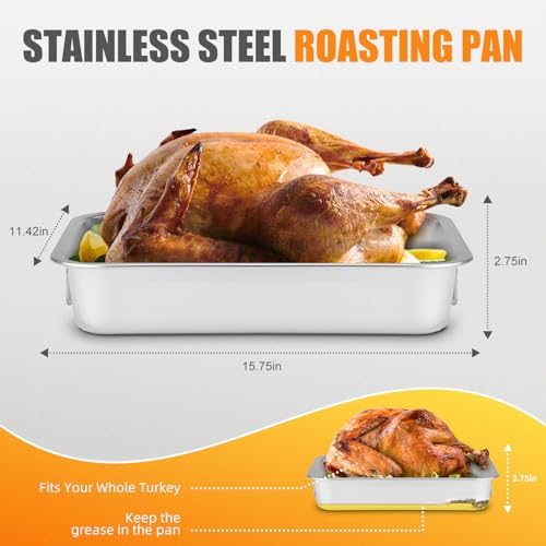 Chrysovereign Stainless Steel Turkey Roasting Pan with Rack Handles Heavy Duty FoodSafe Turkey Pan Dishwasher Safe Perfect for Cooking Turkey and Steak for Thanksgiving and Christmas Standard - Image 3