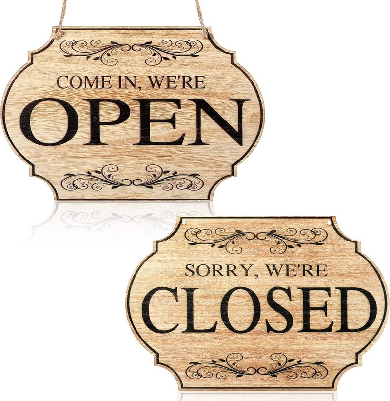 BPA® Wooden Store Open and Closed Business Sign Two Sided Reversible Come in We're Open or Closed Store Hanging Sign for Coffee Bar Shop Door Window, 11.8 x 7.8 Inch (Wood Color Board, Black Words) - Image 1